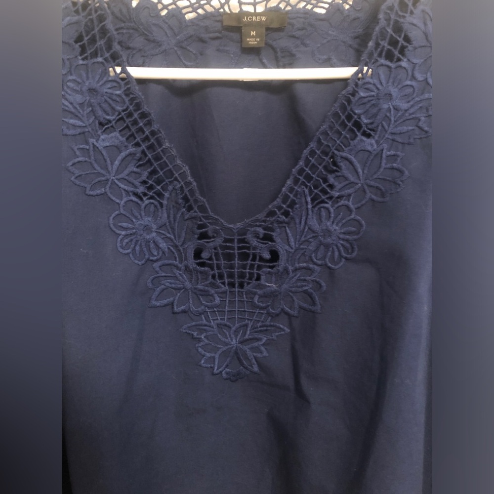 J Crew Long Sleeve Boho Navy Blue Embroidered Cotton Top Size M Ruffle Cuffs - Picture 3 of 7